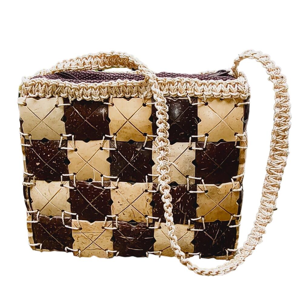 Small Square Coconut Shell Woven Handbag Purse - image 2